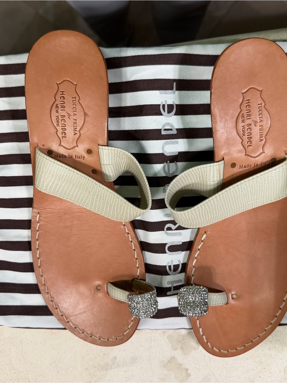 henri bendel Beige Leather Girls' Rhinestone Toe-Ring Sandals